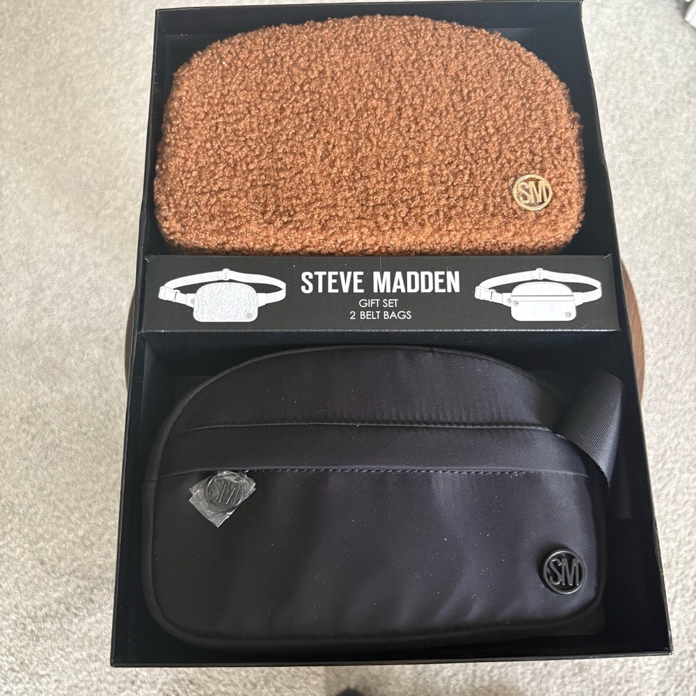Steve Madden Textured Brown and Sleek Black Belt Bag Set Sherpa and black nylon